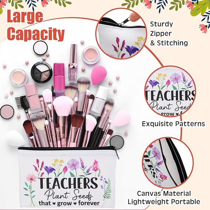 24 Pieces Makeup Bags Bulk Canvas Cosmetic Bags Purse Organizer Zipper Cosmetic Pouch Portable Travel Toiletry Pouch for Women Men Gifts, 7 x 4 Inch (Teacher Thanks)