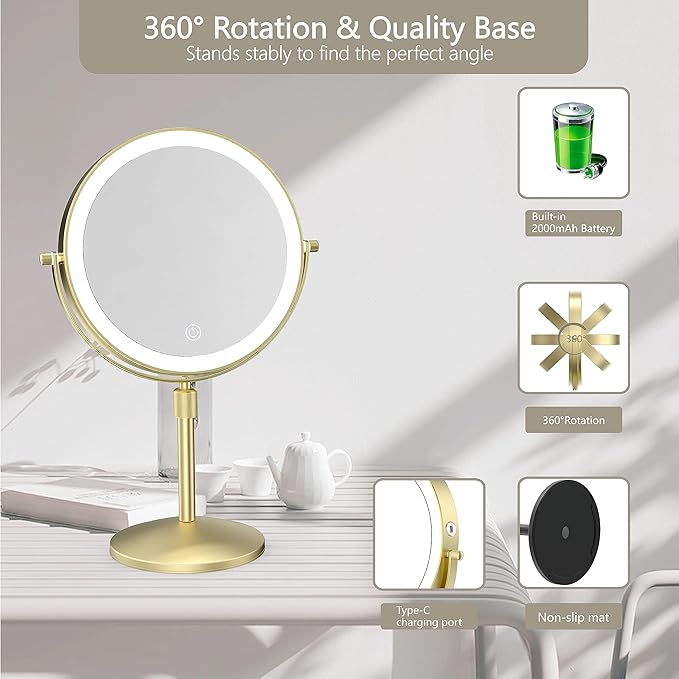 8" Lighted Makeup Mirror, 1X/10X Magnification Mirror with Lights, Double Sided Dimmable Mirror, Rechargeable & Brightness & Height Adjustable, Cordless Vanity Mirror(Gold)