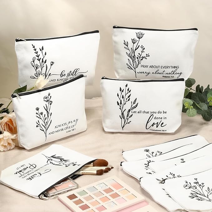 10Pcs Christian Gifts for Women Religious Cosmetic Bags Inspirational Bible Verse Pencil Pouch Canvas Makeup Bags Bulk with Zipper for Mother Sister Church Favors