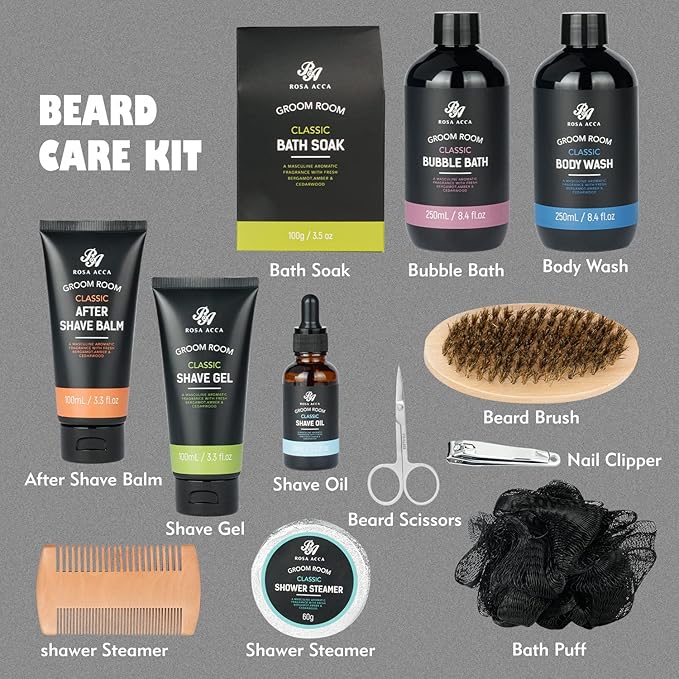 Bath Gift Set 14Pcs Beard Grooming, Bath & Body Spa Kit w/Beard Oil, Beard Balm, Beard Brush, Beard Comb, Beard Scissors, Storage Bag, Beard Growth Care for Men, Dad, Husband
