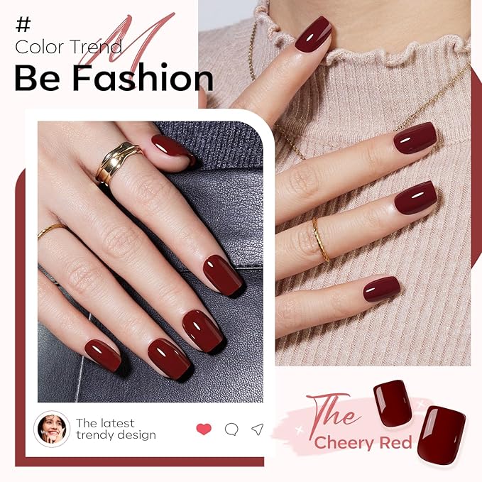 Modelones Press on Nails, Dark Red Short Square Fake Nails, Reusable Nail Kit with Nail Glue Adhesive Tabs Mini Nail File, Nails Press Ons 32Pcs16 Sizes, Women Girl Gift