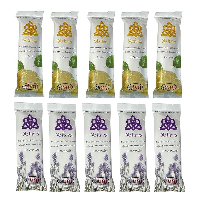 Asheva 8" x 9" Individually Wrapped Oshibori Disposable Towels - Luxurious Moist Cotton Hot/Cold Refreshment Towel - Lavender, Lemon, or Tea Tree Scents - Perfect for Spa, Travel, Dining & Events