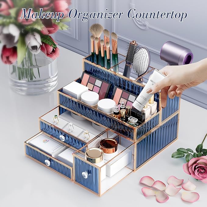 Makeup Organizer Blue - Tempered Glass Vanity Organizer for Cosmetics, Skincare, Hair Tools, Brushes, Perfume - Multipurpose Bathroom Counter Skincare Organizer