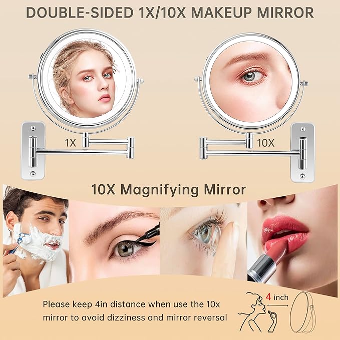 JANEEVA 10X Wall Mounted Lighted Makeup Mirror, Rechargeable Double Sided 1X/10X Magnifying Vanity Mirror with 3 Color Lights, Touch Dimmable, Extended Arm 360° Rotation, 8 inch