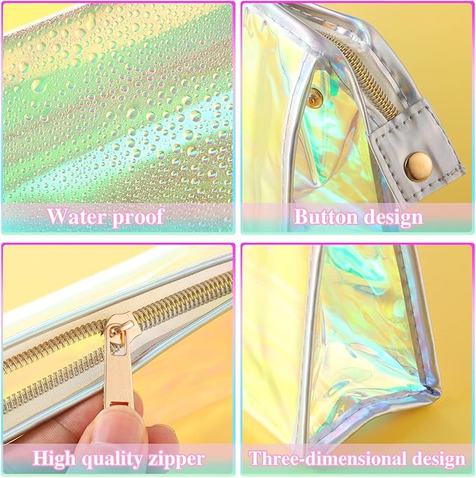 BESARME 10 Pcs Holographic Makeup Bags, Clear PVC Makeup Bag Iridescent Pouch Portable Zippered Toiletry Bag Waterproof Cosmetic Bags Stocking Stuffers for Women Girls Bathroom Vacation