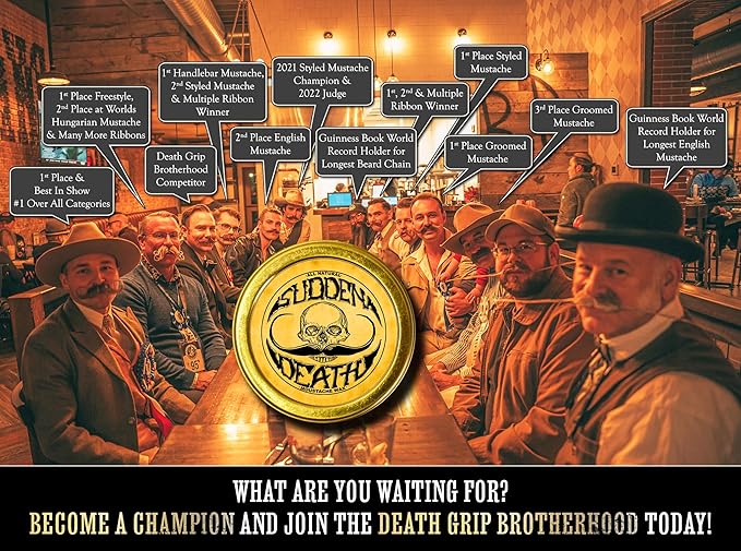 Mustache Wax Strong Hold Grooming For Men | Sudden Death Moustache & Beard Wax 1oz Tin | Perfect For Handlebar Mustaches By Death Grip | No Heat Source Required