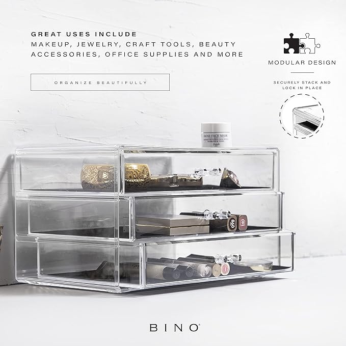 BINO | 3-Drawer Makeup Organizer, Park Avenue | THE MANHATTAN SERIES | Modular Design Storage Drawers | Vanity Acrylic Organizers | Stackable Storage Bins | Clear Makeup Organizers And Storage