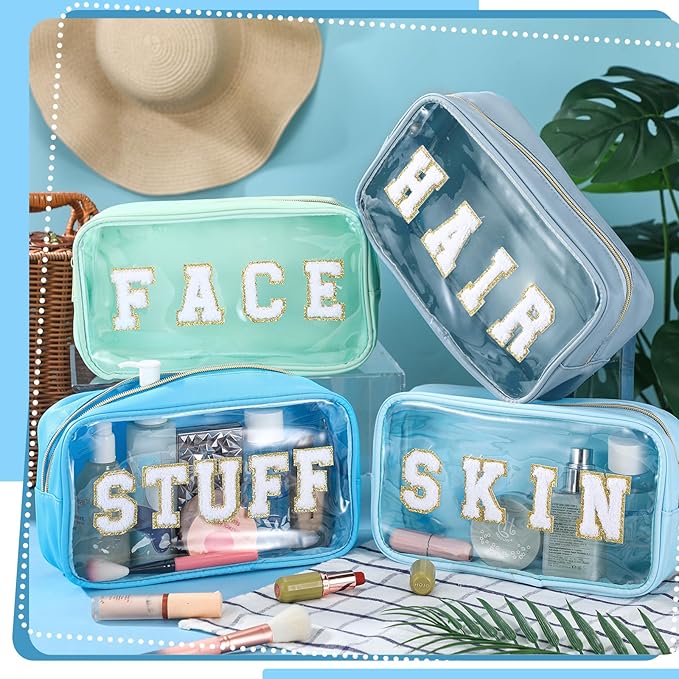 Pinkunn 4 Pcs Preppy Makeup Bags Christmas Chenille Letter Bag Face Skin Hair Stuff Cosmetic Bag Corduroy Makeup Pouch with Zipper Birthday Gifts for Women (Blue Series Colors)