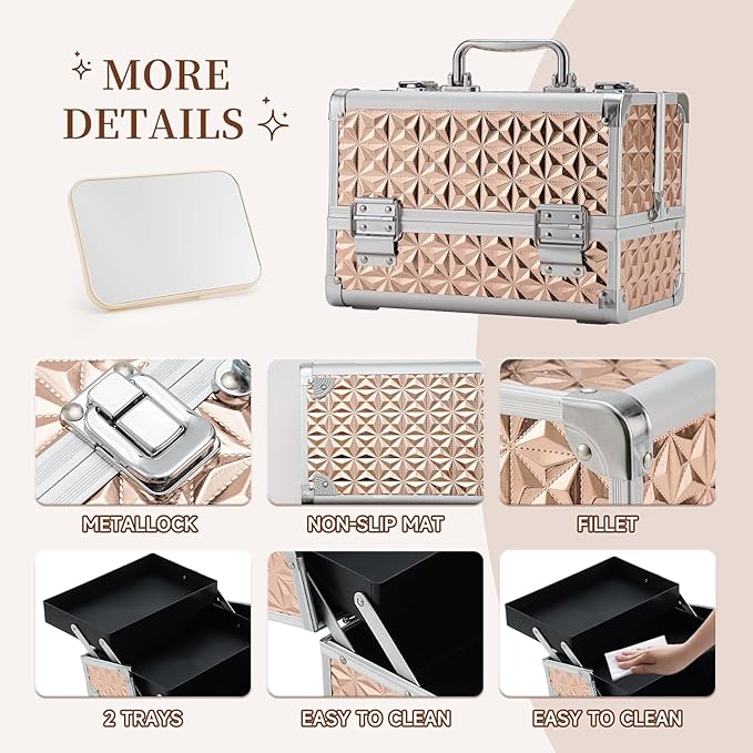Leeora&Leekoo Makeup Train Case Cosmetic Box Portable Makeup Case Organizer 2 Trays Makeup Storage with Mirror for Cosmetologist Aesthetic Supplies Nail Tech Traveling Makeup Box (Rose Gold)