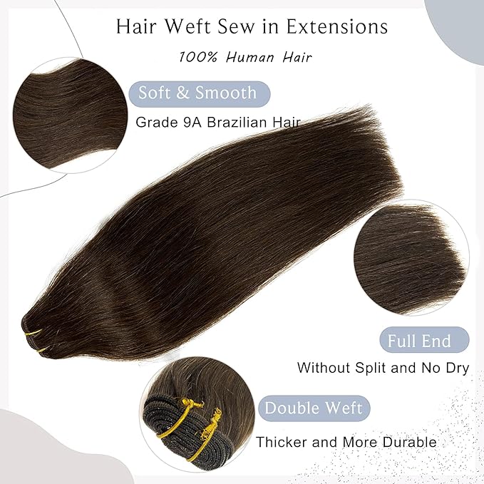 Sew in Weft Hair Extensions Human Hair Bundles, Dark Brown Sew in Hair Extensions Real Human Hair for Women, 120G 24Inch Remy Human Hair Sew in Extensions Hand Tied Weft Hair Extensions