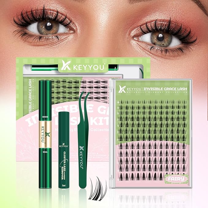 Fairy Lash Clusters Kit Manga Lash Extension Kit D Curl KEYYOU 144Pcs Eyelash Extension Kit Wispy Natural Invisible Band Lash Kit with Waterproof DIY Lash Extension Kit at Home(Fairy-D-8-18MIX)
