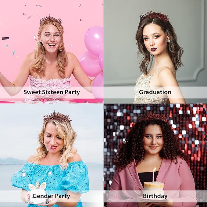 LIMELIA Women's Tiara for Henna Wedding Party|Glitter Hair Accessories for Bridal Birthday Pageant Prom Halloween Cos-play Christmas Party|Tulip-Burgundy