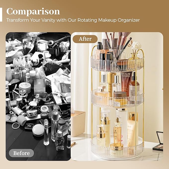 Aveniee 360° Rotating Makeup Organizer for Vanity, Perfume Skincare Bathroom Countertop Organizers, 3 Tier Spinning Skincare Storage with Brush Holder for Lipstick Cosmetic Lotion(White)