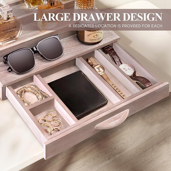 EOSAHR Decorative Cologne Organizer with Storage Drawer - 3 Tier Cologne Holder with Hidden Compartment - Perfume Stand Organizer for Dresser and Room Decor (Natural)