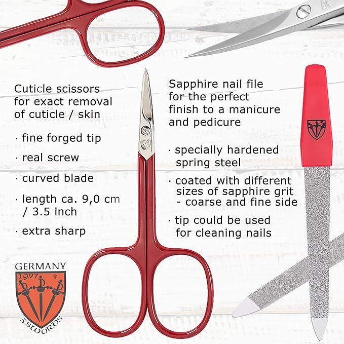 3 Swords Germany - brand quality 5 piece manicure pedicure grooming kit set for professional finger & toe nail care tweezers file clipper genuine leather case in gift box, Made by 3 Swords (03898)