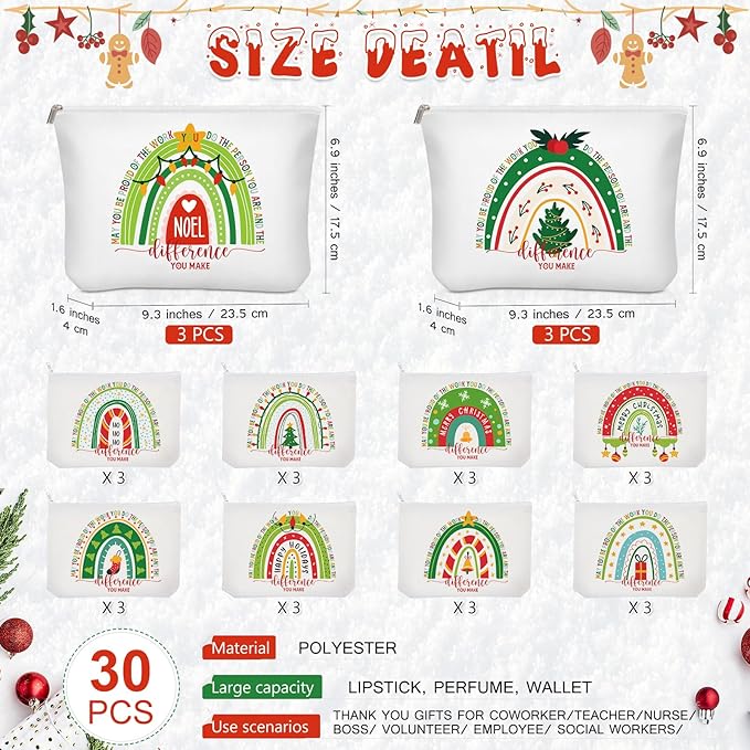 Sieral 30 Pcs Rainbow Canvas Makeup Bags Bulk Housekeeping Week Appreciation Gifts Inspirational Cosmetic Bags with Zipper Thank You Gifts for Teacher Employee Coworker Volunteer Nurse(Joyous)