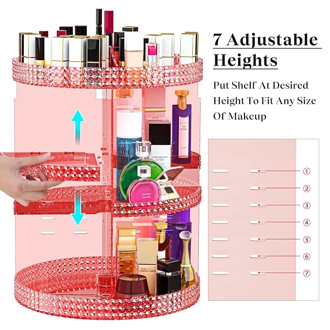 Pink 360 Makeup Organizer Carousel, Makeup Organizer for Vanity, Acrylic Make Up Organizer, Large 7 Layers 360 Makeup Organizer, Fits Makeup Brushes, Lipsticks, Bathroom, Vanity, Plus Size Pink