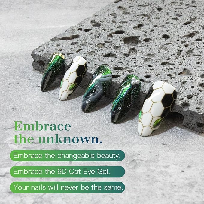 9D Cat Eye Gel Nail Polish Set, 15ml Black Gel + 15ml Emerald Glimmer Cat Eye Gel, Includes Silicone Handle Cylinder Magnetic Stick for Mesmerizing 9D Effects