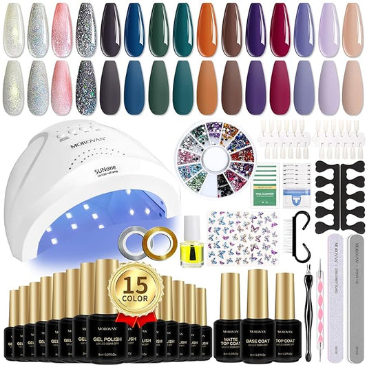 Morovan Gel Nail Polish Set: With U V Light Green Purple Glitter Gel Nail Polish Kit 15 Colors Gel Polish Kit Art Manicure for Starter at Home Salon