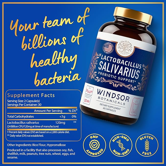 Lactobacillus Salivarius Probiotic - 24bn CFU L Salivarius Dental Probiotics for Teeth and Gums - Bad Breath Treatment for Adults, Immune Support, Digestive Health - 60 Oral Probiotic Capsules