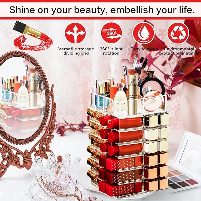 Acrylic Lipstick Tower Holder, 360 Degree Rotating Makeup Cosmetic Lipsticks Organizer with 53 Slots, Spinning Lipgloss Storage Display Stand Holder