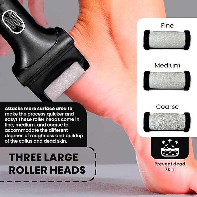 Electric Foot Callus Remover - Rechargeable/Portable Pedicure Tool - Water Resistant - Pedicure Tool Kit for Men - Three Large Wide Roller Heads - for Cracked, Dried, Rough Calluses