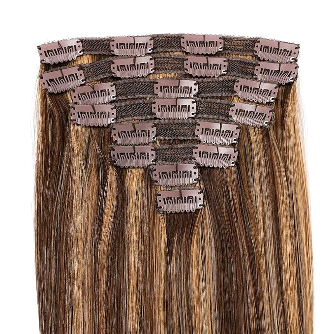 Clip in Human Hair Extensions,120g 8pcs Lace Clip in Real Human Hair Extensions Straight 4/27 Balayage Strawberry Blonde to Medium Brown 14inch