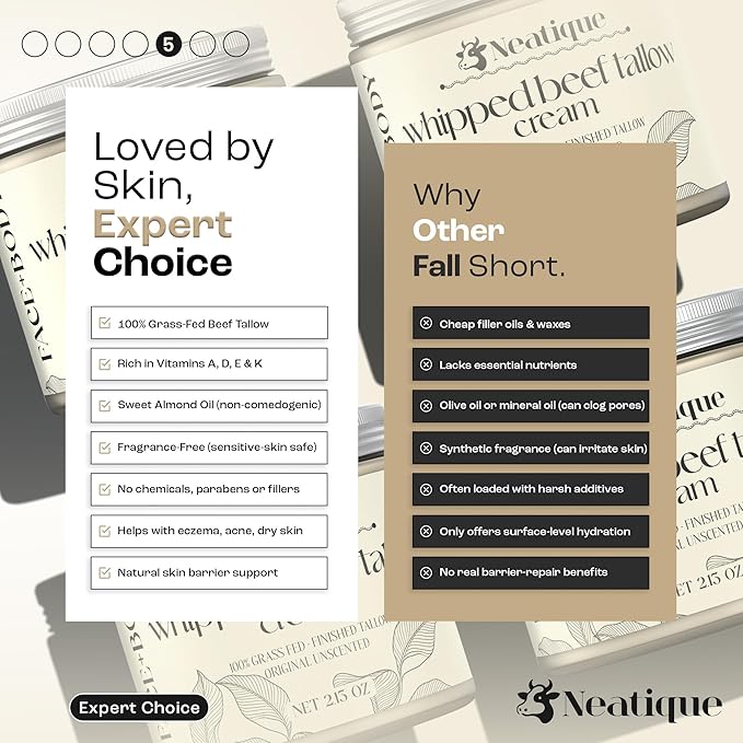 100% Grass Fed Beef Tallow for Skin Care by Neatique | Face & Body | Whipped Moisturizer for Skin | with Organic Beeswax & Organic Honey Balm | All Natural Formula, 2.13oz (Unscented)