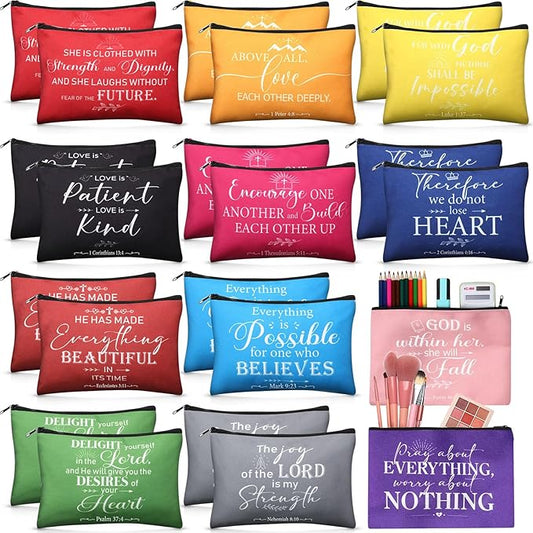 24 Pcs Christian Makeup Bag Bible Cosmetic Bags Inspirational Bible Verse Toiletry Pouches Canvas Motivational Pouches with Zipper for Women Organize Cosmetics Toiletries Stationery(Colorful)