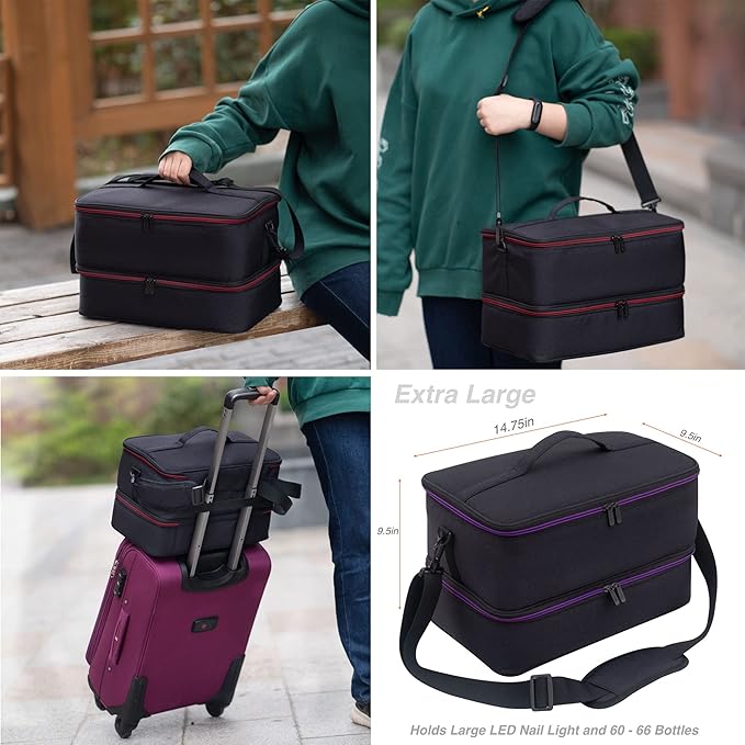 ButterFox Extra Large Nail Polish Organizer Case, Holds 60-66 Bottles and Nail Dryer Lamp, Large Nail Supplies and Accessories Storage Holder Bag (Black/Red)