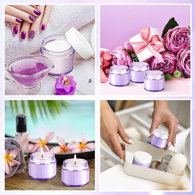 Domensi 48 Pcs 2 oz Glass Jars with Lids Travel Size Round Leakproof Empty Cosmetic Jars with Inner Liners Lid for Storing Makeup Lotions Face Cream Ointments Candle DIY Making (Light Purple)