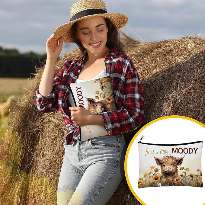 Pinkunn 16 Pcs Canvas Cosmetic Bag Bulk Inspirational Quotes Makeup Bags with Zipper Encouragement Travel Toiletry Pouch Appreciation Gift for Christmas Teacher Birthday Graduation(Highland Cow)