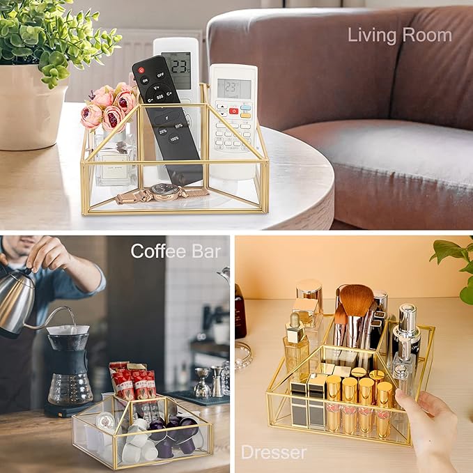 Hipiwe 360 Rotating Makeup Organizer Gold Glass Perfume Cosmetic Display Case 5-Slot Makeup Carousel Spinning Holder Bathroom Storage Organizer for Vanity Lipsticks Skincare Makeup Brushes
