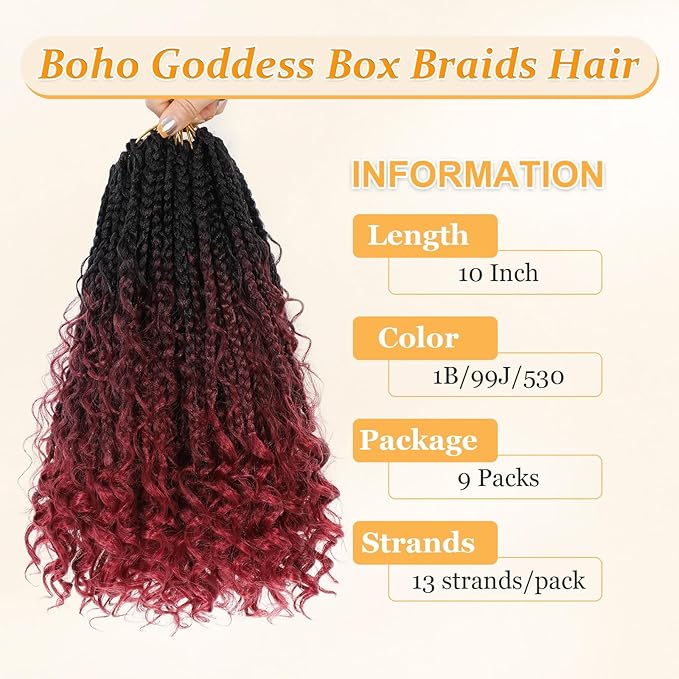 9 Packs Goddess Box Braids Crochet Hair Boho Crochet Box Braids With Curly Ends Crochet Hair For Black Women, 10 Inch Pre Looped Bohemian Crochet Box Braids Hair (10Inch 9 Packs,T99J530#)