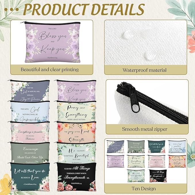 Jetec 30 Pcs Christian Gift for Women Religious Mother's Day Gifts Cosmetic Bags Inspirational Bible Verse Pencil Pouch Makeup Bags with Zipper for Travel Women Mother Sister(Morandi Style)