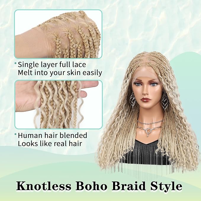 18 Inch HD Full Lace Braided Wigs for Women with Baby Hair Knotless Braid Wig Medium Human Hair blended Boho Box Braided Wigs With Cruls Ends Platinum Blonde