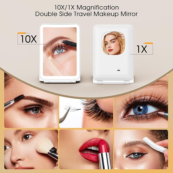 10X/1X Magnification Lighted Makeup Mirror with Lights, Rechargeable Magnifying Mirror with 80LED&2000mAh Battery, Portable Travel Vanity Mirror with 3 Colors Dimmable Lighting, Travel Essentials