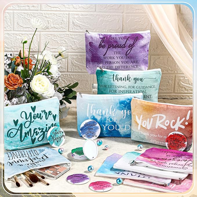20 Pcs Employee Appreciation Gifts 10 Inspirational Canvas Makeup Bags 10 Compact Mirrors Bulk Cosmetic Bags Round Portable Pocket Mirror Thank You Gifts for Women (Appreciation)