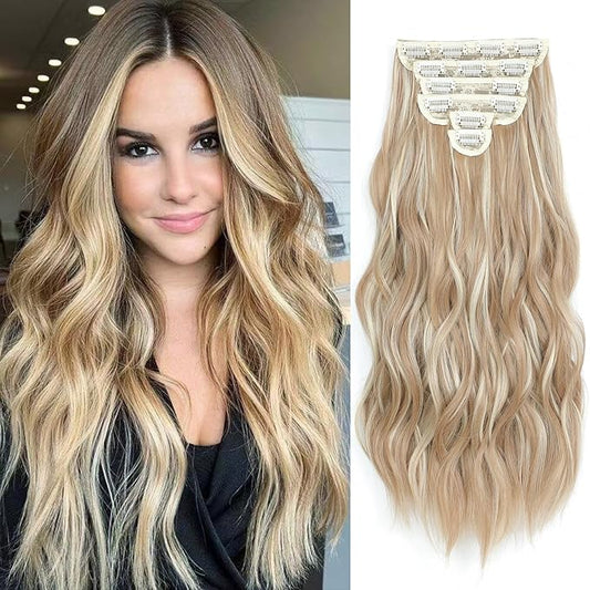 Clip in Hair Extensions for Women - 20 Inch Long Wavy Brown Extensions, 6PCS Light Brown & Blonde Hairpieces that Blend Naturally with Your Real Hair (20 Inch, Light Brown & Blonde)