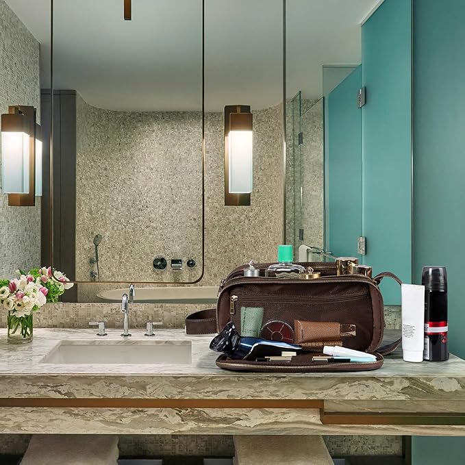 Elviros Toiletry Bag for Men, Large Travel Shaving Dopp Kit Water-resistant Bathroom Toiletries Organizer PU Leather Cosmetic Bags (Medium, Chocolate)