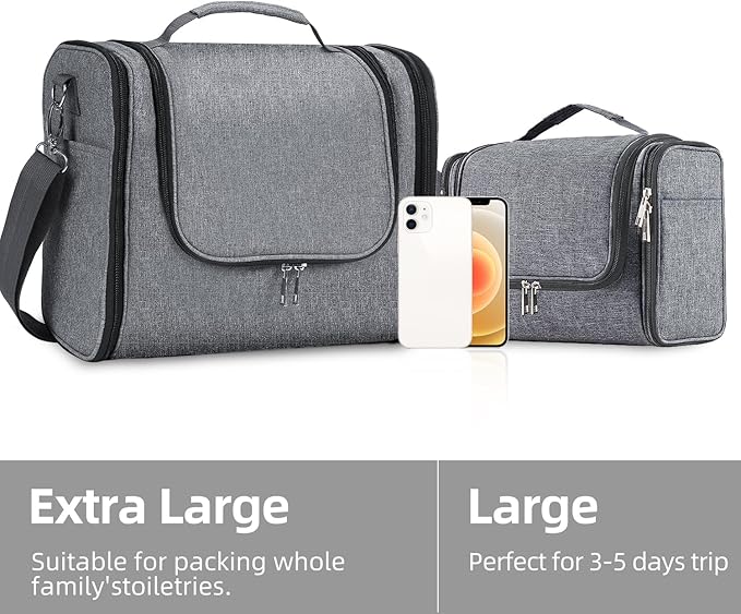 Buruis Extra Large Capacity Toiletry Bag for Women and Men, Hanging Toiletry Organizer Cosmetics Makeup Bag, Water-resistant Dopp Kit for Full Sized Toiletries, Travel Essentials (Oxford Gray)