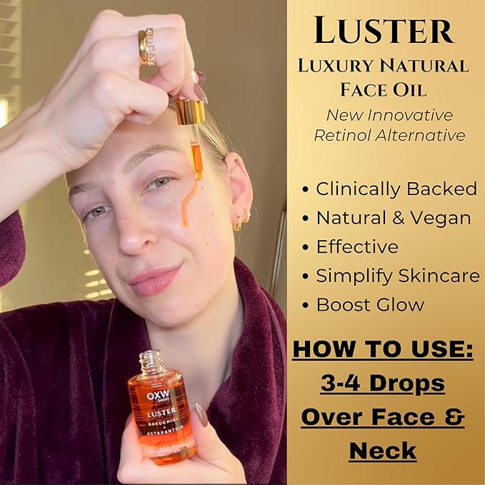Luster Bakuchiol Retinol Alternative Face Oil For Anti-Aging, Fine Lines, Boost Glow, Antioxidant Nourishing Blend with Bakuchiol, Astaxanthin, Rosehip, Meadowfoam, Squalane, Pomegranate, Made In USA