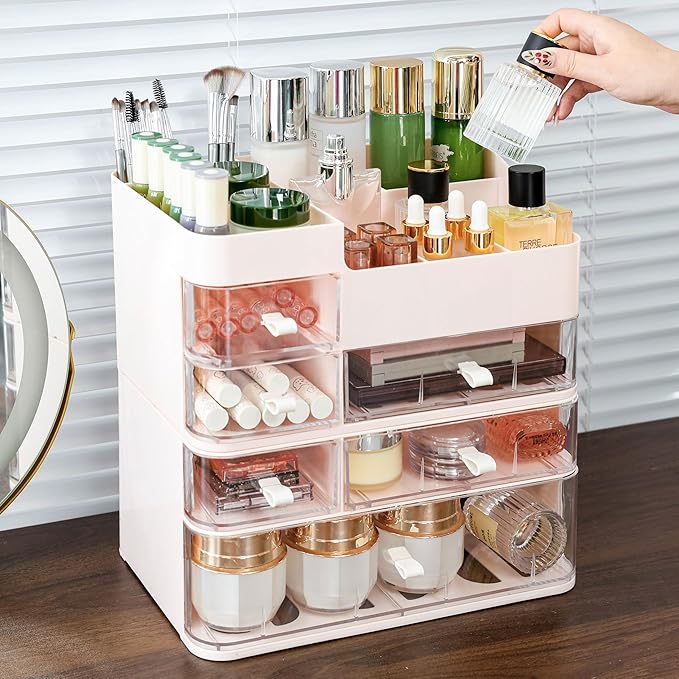 Make up Organizer With 6 Drawers,2 Pack Stackable Plastic Cosmetic Storage Organizer for Dresser and Vanity,Ideal for Beauty,Perfume,Brushes,Skincare Bathroom Organizers and Storage Counter,Pink
