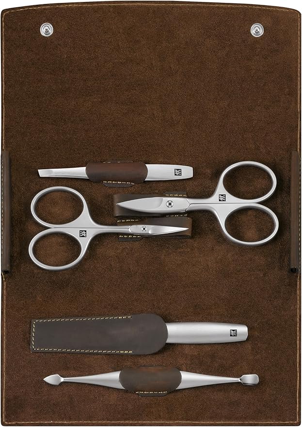 TWINOX Manicure and Pedicure Set, Travel case Set for Hands and feet, Nail Care, Genuine Leather, 5 Pieces, Brown
