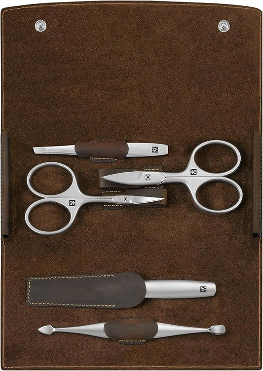 TWINOX Manicure and Pedicure Set, Travel case Set for Hands and feet, Nail Care, Genuine Leather, 5 Pieces, Brown