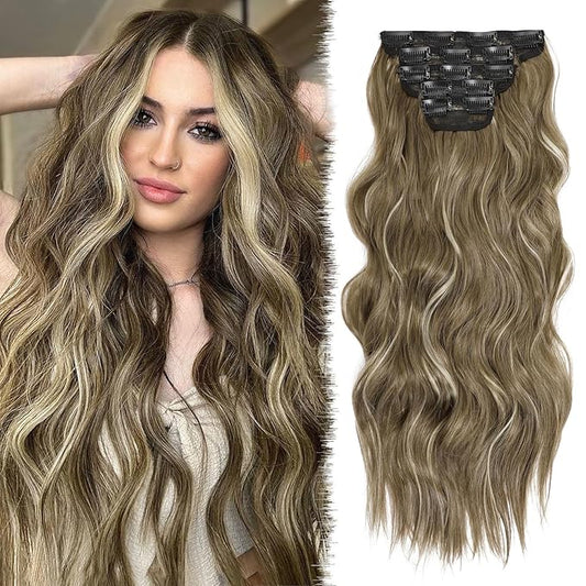 20 Inch Clip in Synthetic Hair Extensions 5Pcs Light Brown Blonde Mix Wavy Curly Hairpieces for Women Thick & Natural-Looking