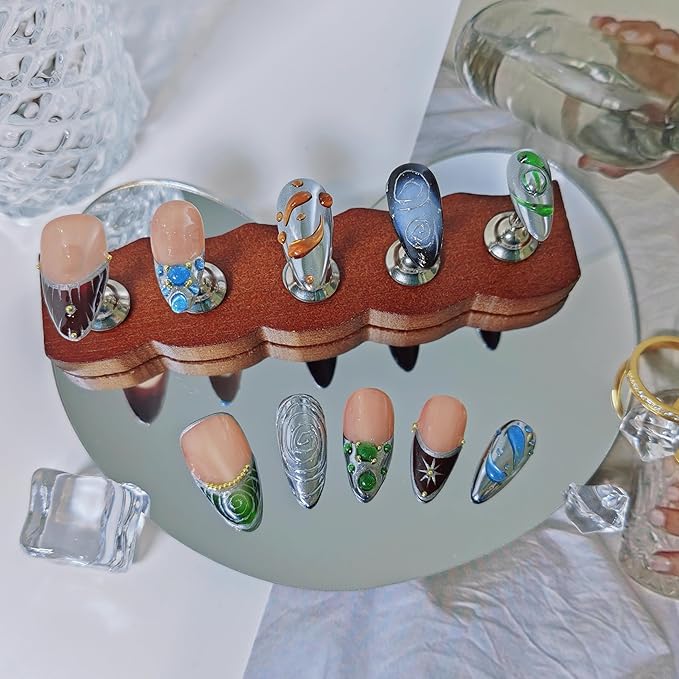 Almond Press on Nails Handmade Medium Long/Stiletto 3D Flower Fake Nail with Designs, Women Reusable False Nails (French Tip Silver, L)