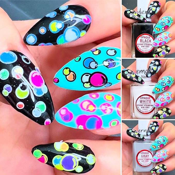 SheModern STICKY Opaque BLACK + WHITE + GRAY Stamping Polishes For Nail Art Design Air-Dry Collection. More Transfer Time with Tacky Surface for Easy Adhere of Pigment, Glitter