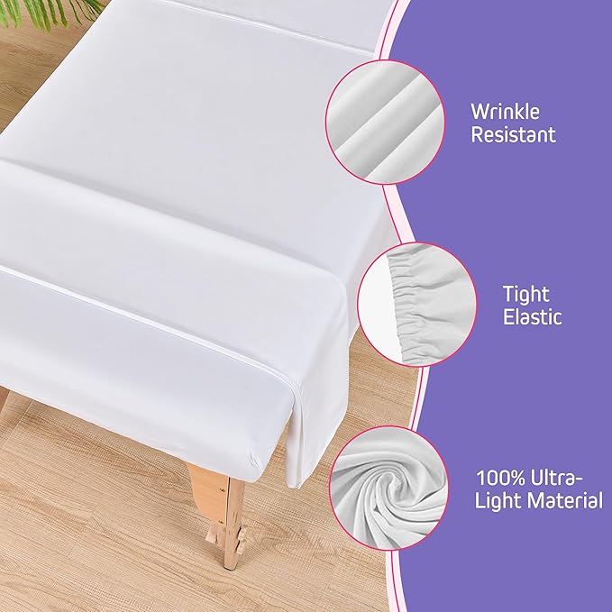 Massage Table Sheets Sets – 4 Set Bundle, 120GSM Double Brushed Microfiber, Premium Massage Sheets Sets, Spa Bed Sheets for Esthetician, Wrinkle & Oil Resistant, White