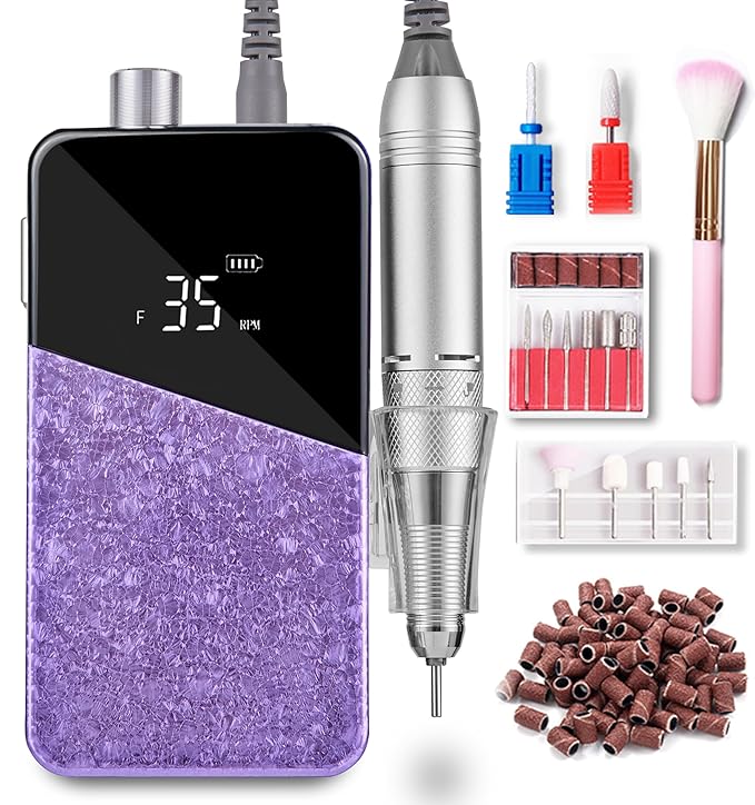 Professional Nail Drill, Lumcrissy 35000RPM Professional Nail File Machine, Rechargeable Efile for Acrylic Gel Nails with Ceramic Drill Bits Set& Sanding Bands for Manicure Salon Home Use